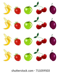 Banana strawberry cherry apple plum on white background