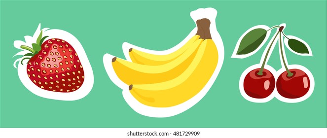 Banana strawberry and cherry stickers. Vector illustration. Turquoise background