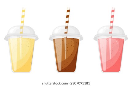 Banana, strawberry and chocolate milkshake in plastic cup with straw collection.