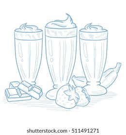 Banana, strawberry and chocolate smoothies. Banana, strawberry and chocolate smoothies hand drawn on white background. Smoothies in glasses vector illustration. Smoothies sketch illustration.