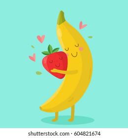 Banana and strawberry falling in love. Vector illustration. Comic characters. Use for card, poster, banner, web design.