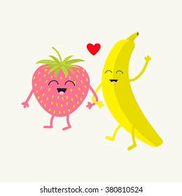 Banana and strawberry. Happy fruit set. Smiling face. Cartoon smiling character with eyes. Friends forever. Red heart. Isolated. Flat design. Vector illustration