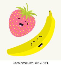 Banana and strawberry. Happy fruit set. Smiling face. Cartoon smiling character with eyes. Friends forever. White background. Flat design. Vector illustration