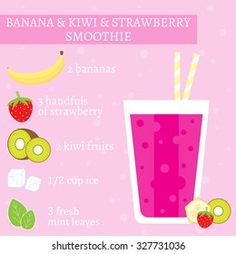 Banana, strawberry and kiwi fruit smoothie recipe. Menu element for cafe or restaurant with energetic fresh drink made in flat style. Fresh juice for healthy life. Organic raw shake.