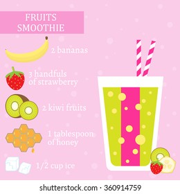 Banana, strawberry and kiwi fruit smoothie recipe. Menu element for cafe or restaurant with energetic fresh drink made in flat style. Fresh juice for healthy life. Organic raw shake.