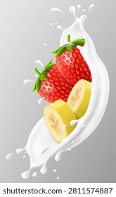Banana and strawberry in a milk splash isolated on gray background. Fresh fruits dropping into milk or yogurt splash. Milkshake splash with sweet banana and berries. Realistic 3d vector illustration