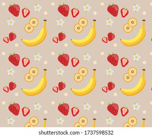 Banana and strawberry pattern. Cut fresh fruits