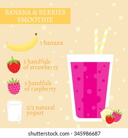 Banana, strawberry and raspberry milkshake recipe. Menu element for cafe or restaurant with energetic fresh drink made in flat style. Fresh juice for healthy life. Organic raw shake.