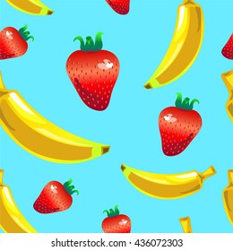 Banana strawberry seamless pattern on blue background, banana strawberry drawing illustration for textile or kitchen decor, seamless pattern tile with summer fruits, pattern swatch for digital paper