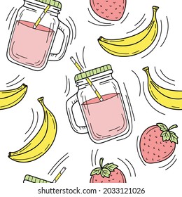 Banana and strawberry smoothie in glass jar. Fresh summer drink. Hand drawn seamless pattern on white background. Detox and healthy life.