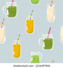 Banana and strawberry smoothie in glass jar. Fresh summer drink. Hand drawn seamless pattern on blue background. Detox and healthy life.