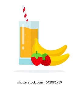 Banana strawberry smoothies in a glass with straws and bananas and strawberries near flat material design isolated on white