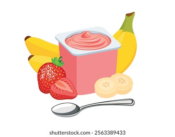 Banana strawberry yogurt in a plastic cup and spoon vector illustration. Strawberry banana yogurt plastic cup icon on a white background. Fruit yoghurt and fresh strawberries and bananas vector