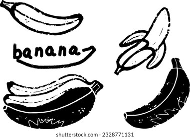 Banana stylized exotic fruit. Hand-drawn illustration in linocut style. Black vector element for design