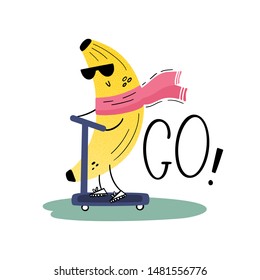 A banana with sunglasses on a scooter. Traveler. Cheerful fruit on vacation. Vector illustration in flat style, hand drawn
