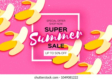 Banana Super Summer Sale Banner in paper cut style. Origami pen fruit. Healthy fresh food on pink. Square frame for text. Summertime.