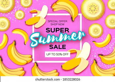 Banana Super Summer Sale Banner in paper cut style on pink background. Yellow fresh fruits. Nature.