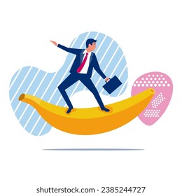 Banana surfing. Creative businessman rushes forward towards the goal. Vector illustration art design. Isolated on white background.