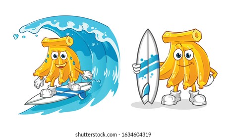 banana surfing on the waves cartoon and holding a surfboard. cartoon mascot vector