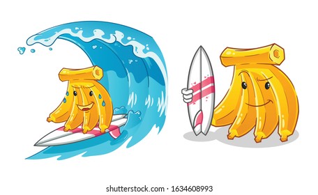 banana surfing on the waves cartoon and holding a surfboard. cute chibi cartoon mascot vector