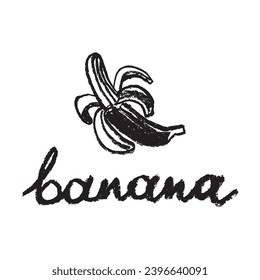 Banana symbol on white background for bananas bread packs, bananas milk package and bananas fruit brand logo template design. Banana vector illustration with hand-drawn crayon texture.