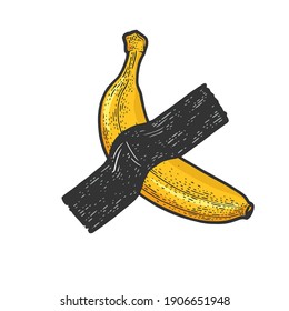 banana taped to wall by adhesive tape modern art color sketch engraving vector illustration. T-shirt apparel print design. Scratch board imitation. Black and white hand drawn image.