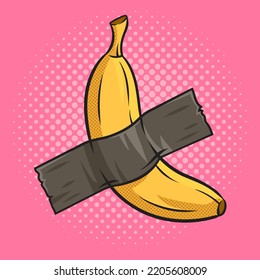 banana taped to wall by adhesive tape modern art pinup pop art retro vector illustration. Comic book style imitation.