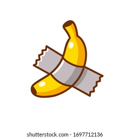 Banana taped to wall with duct tape. Modern art installation. Vector clip art illustration, cartoon drawing.