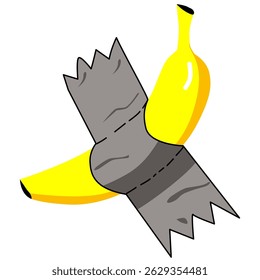 A banana is taped to a wall with gray tape. 