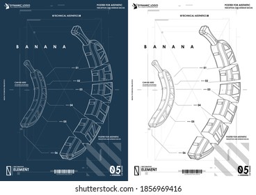 Banana in a technical style. Design and development, testing, SEO, social marketing, web technology. Concept of Hud poster with UI UX elements.