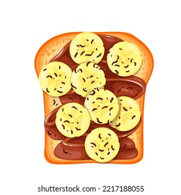 Banana toast vector illustration. Cartoon isolated toasted bread with chocolate spread or peanut butter and banana slices, top view of sweet fruit sandwich for breakfast at home or in restaurant