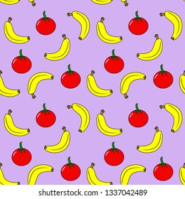 Banana and Tomato seamless pattern with purple color background