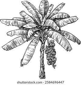 Banana tree with fruits. Ink sketch isolated on white background. Hand drawn vector illustration. Retro style.