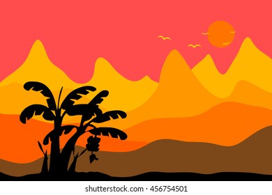Banana tree and mountain landscape vector