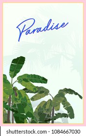 Banana tree and shadow of palm tree, with space for text. tropical jungle background template