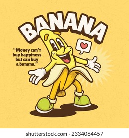 Banana Trendy Retro Cartoon Vector Hand Drawn