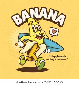 Banana Trendy Retro Cartoon Vector Hand Drawn