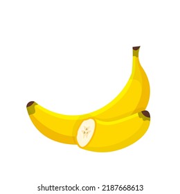 Banana, tropical fruit vector illustration. Cartoon isolated food ingredient, whole ripe sweet yellow banana in peel, cut in half for cooking summer yummy dessert and eating vegetarian vitamin snack
