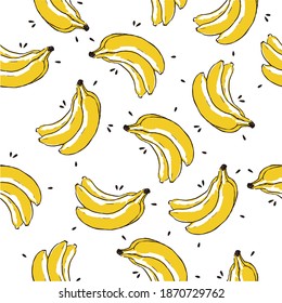 Banana tropical fruit vector repeat background seamless. Hand-drawn style. Pattern for fabric or paper print, three colors only. 