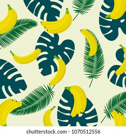 Banana with tropical leaf background. 
Seamless pattern with tropical palm leaves and bananas