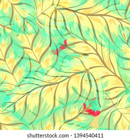 Banana Tropical leaves floral print exotic seamless pattern. The texture of the fabric leaves of banana and palm trees. Exotic Hawaiian print for swimsuits.