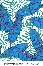 Banana Tropical leaves floral print exotic seamless pattern. The texture of the fabric leaves of banana and palm trees. Exotic Hawaiian print for swimsuits.