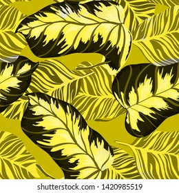 Banana Tropical leaves floral print exotic seamless pattern. The texture of the fabric leaves of banana and palm trees. Exotic Hawaiian print for swimsuits.