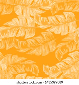 Banana Tropical leaves floral print exotic seamless pattern. The texture of the fabric leaves of banana and palm trees. Exotic Hawaiian print for swimsuits.