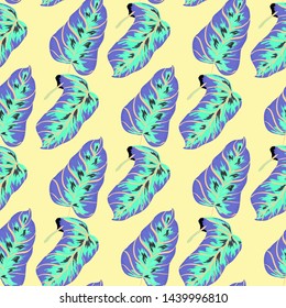 Banana Tropical leaves floral print exotic seamless pattern. The texture of the fabric leaves of banana and palm trees. Exotic Hawaiian print for swimsuits.