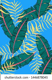 Banana Tropical leaves floral print exotic seamless pattern. The texture of the fabric leaves of banana and palm trees. Exotic Hawaiian print for swimsuits.