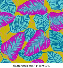 Banana Tropical leaves floral print exotic seamless pattern. The texture of the fabric leaves of banana and palm trees. Exotic Hawaiian print for swimsuits.