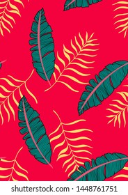 Banana Tropical leaves floral print exotic seamless pattern. The texture of the fabric leaves of banana and palm trees. Exotic Hawaiian print for swimsuits.