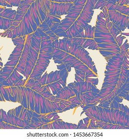 Banana Tropical leaves floral print exotic seamless pattern. The texture of the fabric leaves of banana and palm trees. Exotic Hawaiian print for swimsuits.