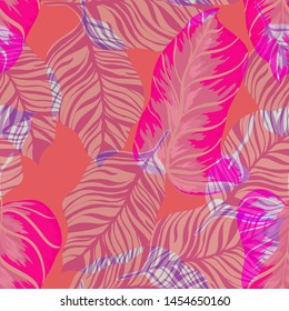 Banana Tropical leaves floral print exotic seamless pattern. The texture of the fabric leaves of banana and palm trees. Exotic Hawaiian print for swimsuits.